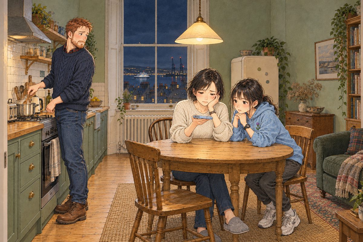 THIS PANEL IS IN EDINBURGH, SCOTLAND, NOT Bridge City: grey stone tenements and slate roofs by the grey North Sea, nothing Chinese outside the window. Tuesday evening in Edinburgh, the window black over the harbour lights, the lamp over the table warm and low. Mama, in her oatmeal jumper, sits at the round table holding her own phone flat in her palm, listening to a voice message, her face falling. Xiaoyu, in her sky-blue hoodie, leans on the table beside her to listen. Papa, huge in his navy cable-knit jumper, stands at the cooker on the left with a wooden spoon, half turned to listen. Three faces in the middle band. The dark window and ceiling above are the quiet area.