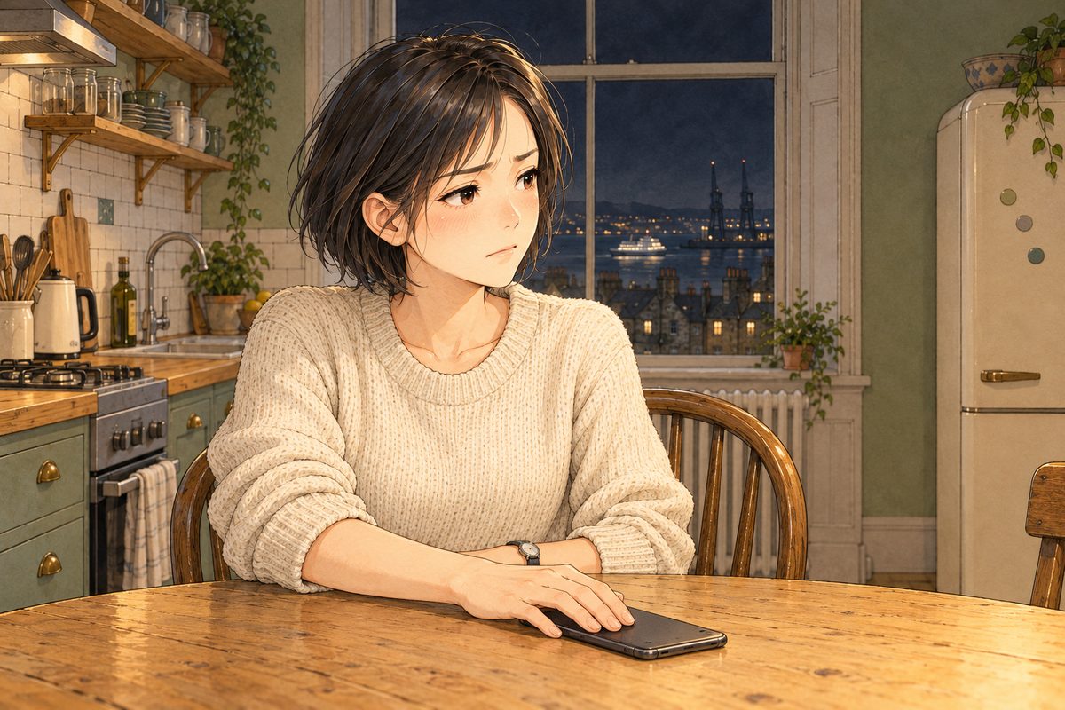 THIS PANEL IS IN EDINBURGH, SCOTLAND, NOT Bridge City: grey stone tenements and slate roofs by the grey North Sea, nothing Chinese outside the window. Edinburgh evening, warm lamplight on her face, the black window behind. Mama puts the phone face down on the table and looks RIGHT at Xiaoyu off panel, sad and firm, her mouth set. Her face in the middle of the panel. The table and her hands below are the quiet area.