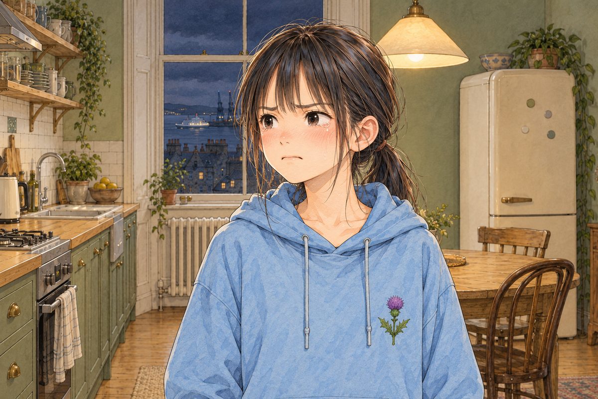 THIS PANEL IS IN EDINBURGH, SCOTLAND, NOT Bridge City: grey stone tenements and slate roofs by the grey North Sea, nothing Chinese outside the window. Edinburgh evening, warm lamplight, the dark window behind. Xiaoyu, in her sky-blue hoodie, has stood up and looks LEFT at Mama, angry and close to tears, fists by her sides. Her face in the middle of the panel. Her hoodie below is the quiet area.