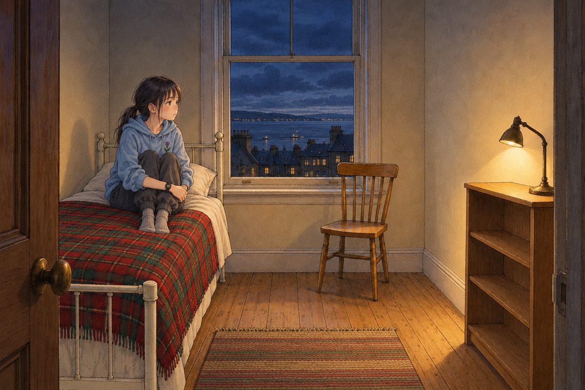 THIS PANEL IS IN EDINBURGH, SCOTLAND, NOT Bridge City: grey stone tenements and slate roofs by the grey North Sea, nothing Chinese outside the window. Night in Edinburgh, the tall window dark blue with a few harbour lights far below, the reading lamp on the shelf making one warm pool. Xiaoyu sits alone on the edge of the single bed with the red-and-green tartan blanket, small in the room, her knees drawn up, looking at the window. The bare cream wall to the right of the window is empty. Her face small, in three-quarter, in the middle of the panel. The dark wall and ceiling above are the quiet area.