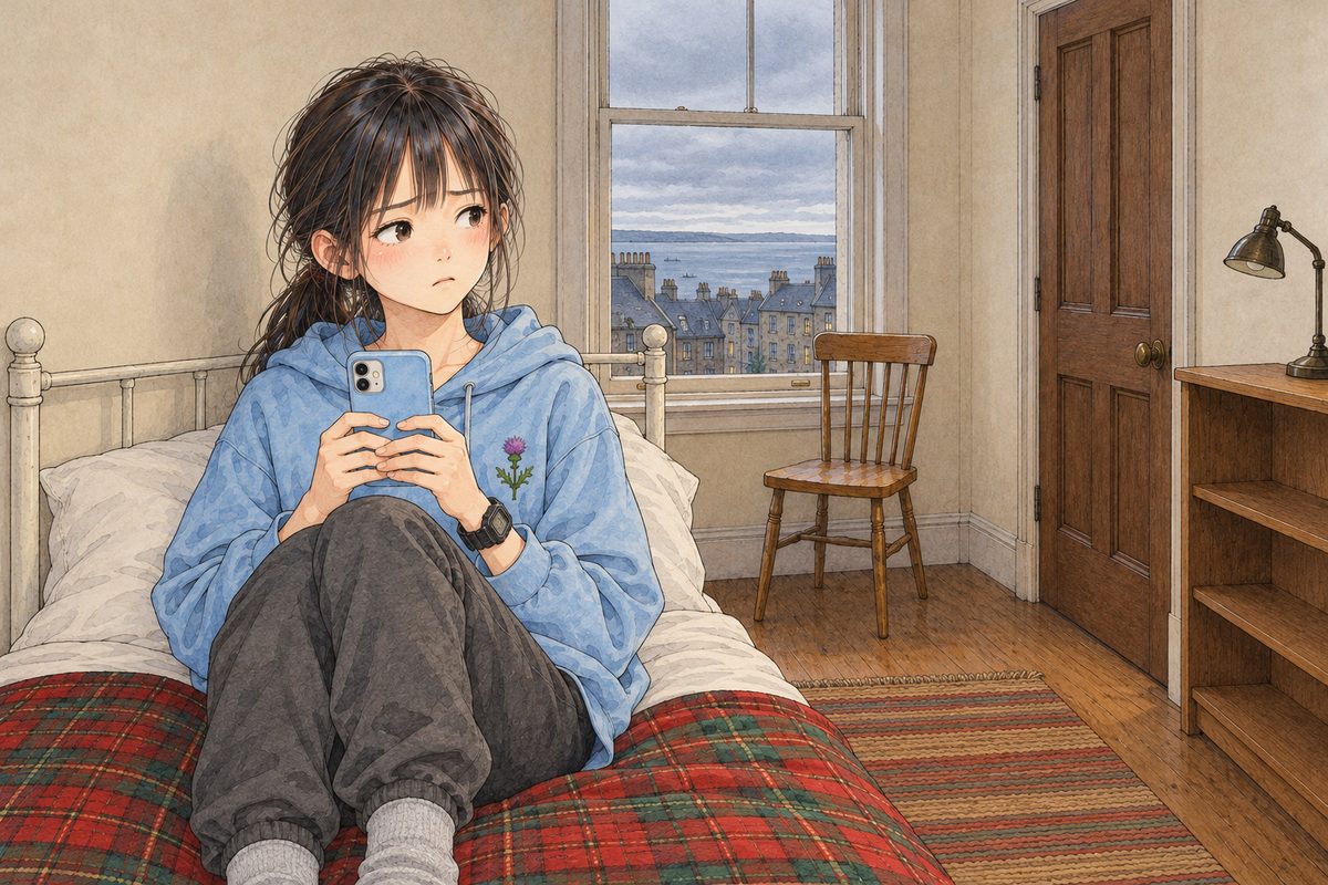 THIS PANEL IS IN EDINBURGH, SCOTLAND, NOT Bridge City: grey stone tenements and slate roofs by the grey North Sea, nothing Chinese outside the window. Saturday morning in Edinburgh, nine o'clock, flat grey light from the window. Xiaoyu, in her sky-blue hoodie, sits on the bed with her back against the wall, holding her pale-blue phone up in both hands, its screen facing her, a little guilty, glancing once at the closed door. Her black watch on her LEFT wrist. Her face in the middle of the panel. The cream wall above her is the quiet area.