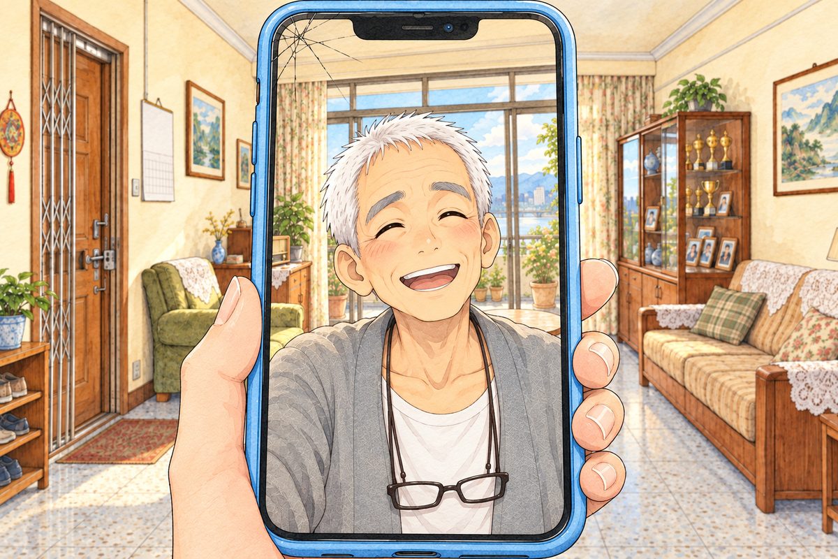 On the phone screen, Bridge City at four in the afternoon, warm gold light through the balcony doors. Grandpa, seen a little from below, beams into the phone, his glasses on their cord, his grey cardigan, delighted. His face in the middle of the screen. His cardigan below is the quiet area.