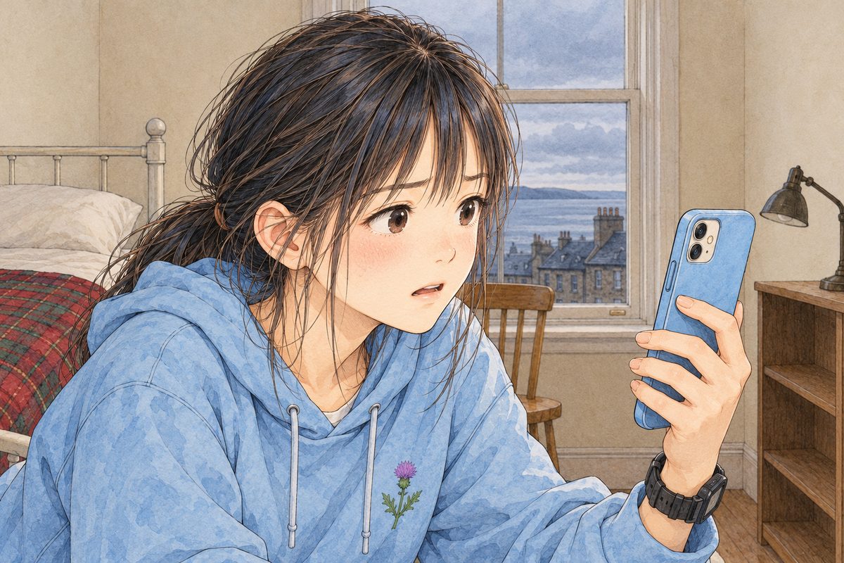 THIS PANEL IS IN EDINBURGH, SCOTLAND, NOT Bridge City: grey stone tenements and slate roofs by the grey North Sea, nothing Chinese outside the window. Edinburgh, grey Saturday morning light. Xiaoyu holds the phone up at the RIGHT edge of the panel and leans towards it, eager and too quick. Her face in the middle of the panel. Her hoodie below is the quiet area.