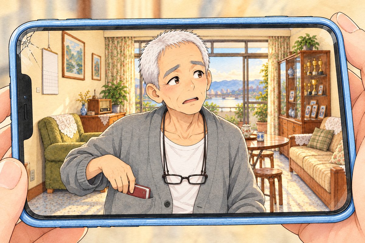 On the phone screen, Bridge City, warm gold four o'clock light. Grandpa's smile has gone uncertain; his eyes slide away to one side, searching, one hand rising towards the RIGHT pocket of his cardigan where his notebook is. His face in the middle of the screen. His cardigan below is the quiet area.