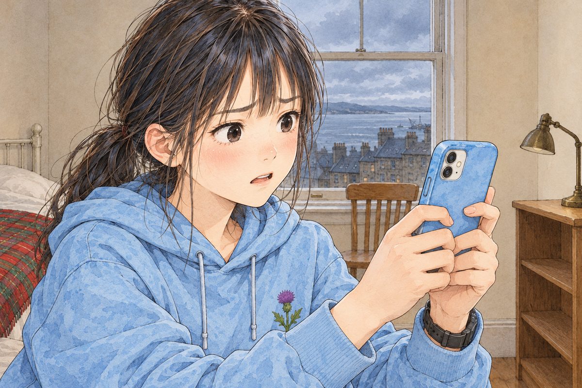 THIS PANEL IS IN EDINBURGH, SCOTLAND, NOT Bridge City: grey stone tenements and slate roofs by the grey North Sea, nothing Chinese outside the window. Edinburgh, grey Saturday light. Xiaoyu grips the phone harder, pushing, her eyebrows up, not yet seeing what she is doing. Her face in the middle of the panel. Her hoodie below is the quiet area.
