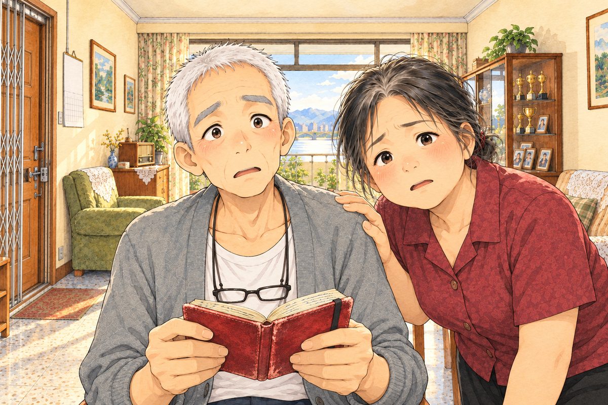 On the phone screen, Bridge City, warm gold four o'clock light. Grandpa has drawn back from the phone, frightened, his small red notebook out of his RIGHT cardigan pocket and open in his hands, not looking at it; his eyes on the phone, lost. On the right, Auntie Zhang in her plum-red blouse leans into the picture, her kind face worried, one hand on his shoulder. Two faces in the middle band of the screen. The cream wall above them is the quiet area.