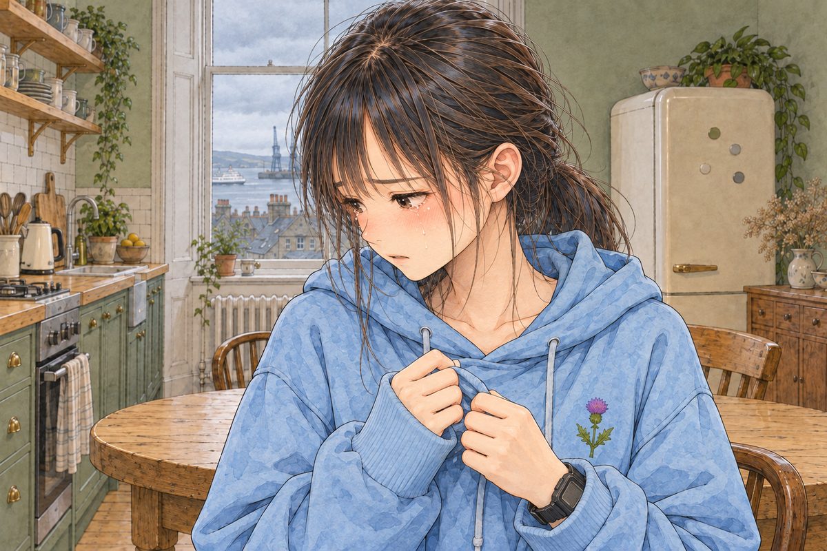 THIS PANEL IS IN EDINBURGH, SCOTLAND, NOT Bridge City: grey stone tenements and slate roofs by the grey North Sea, nothing Chinese outside the window. Edinburgh, grey noon light. Xiaoyu, head bowed, eyes full, mumbles to the LEFT at Mama off panel, her hands pulling at the cuffs of her hoodie. Her face in the middle of the panel, tilted down. Her hoodie below is the quiet area.