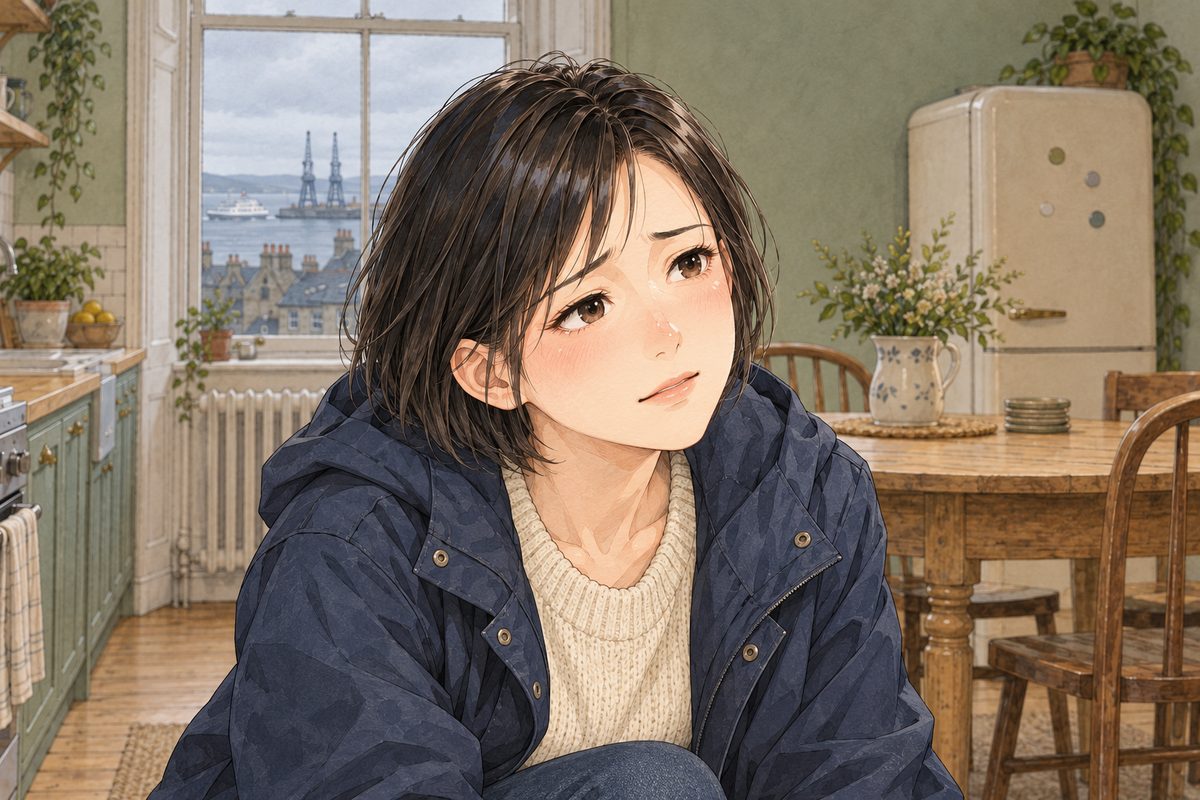THIS PANEL IS IN EDINBURGH, SCOTLAND, NOT Bridge City: grey stone tenements and slate roofs by the grey North Sea, nothing Chinese outside the window. Edinburgh, grey noon light. Mama has crouched to Xiaoyu's height, still in her raincoat, and looks RIGHT and up into her face, her anger gone soft. Her face in the middle of the panel. Her raincoat below is the quiet area.