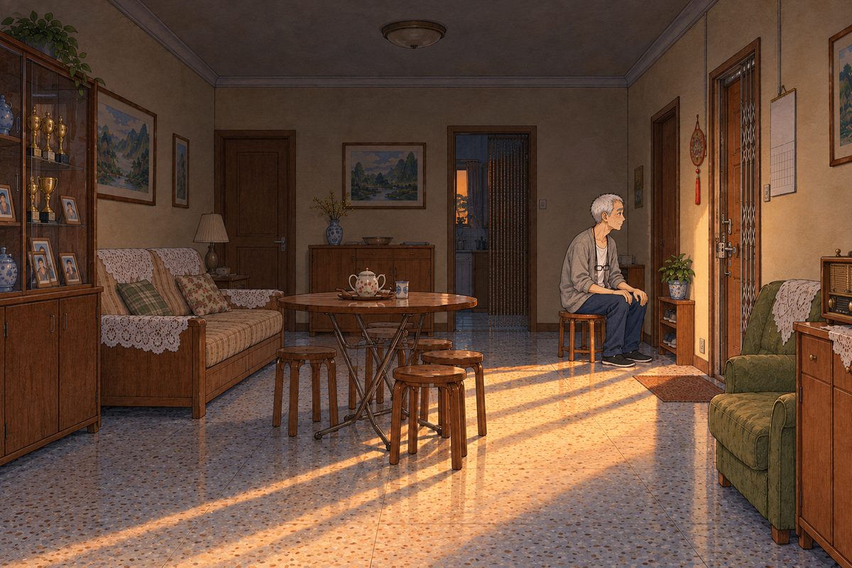Bridge City at dusk, the light off in the flat, the last orange glow coming through the balcony doors behind us and laying a long gold stripe across the floor. Grandpa sits on a low stool just inside his front door with its metal security gate, in his grey cardigan, his hands on his knees, waiting, looking at the door. One small figure in a big quiet room. The dark ceiling and walls above are the quiet area.