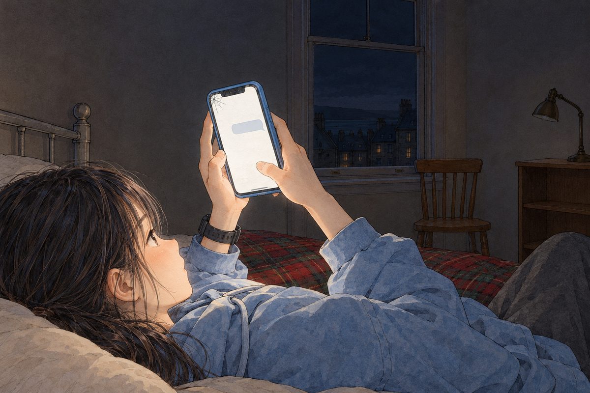 THIS PANEL IS IN EDINBURGH, SCOTLAND, NOT Bridge City: grey stone tenements and slate roofs by the grey North Sea, nothing Chinese outside the window. Saturday night in Edinburgh, the window black, only the glow of the phone. Xiaoyu lies on the bed in the wee room, her phone held above her face; over her shoulder we see the screen, a plain chat with one pale bubble on the right that she sent, NO letters painted. Her face below the phone, small, in profile at the bottom left; the phone in the middle. The dark wall above is the quiet area.