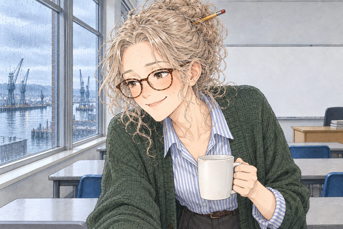 THIS PANEL IS IN EDINBURGH, SCOTLAND, NOT Bridge City: grey stone tenements and slate roofs by the grey North Sea, nothing Chinese outside the window. Thursday afternoon, silver light from the windows. Ms Rennie bends over the desk with her mug, looking down and LEFT at Xiaoyu's screen, pleased, a dry grin. Her face in the middle of the panel. Her cardigan and mug below are the quiet area.