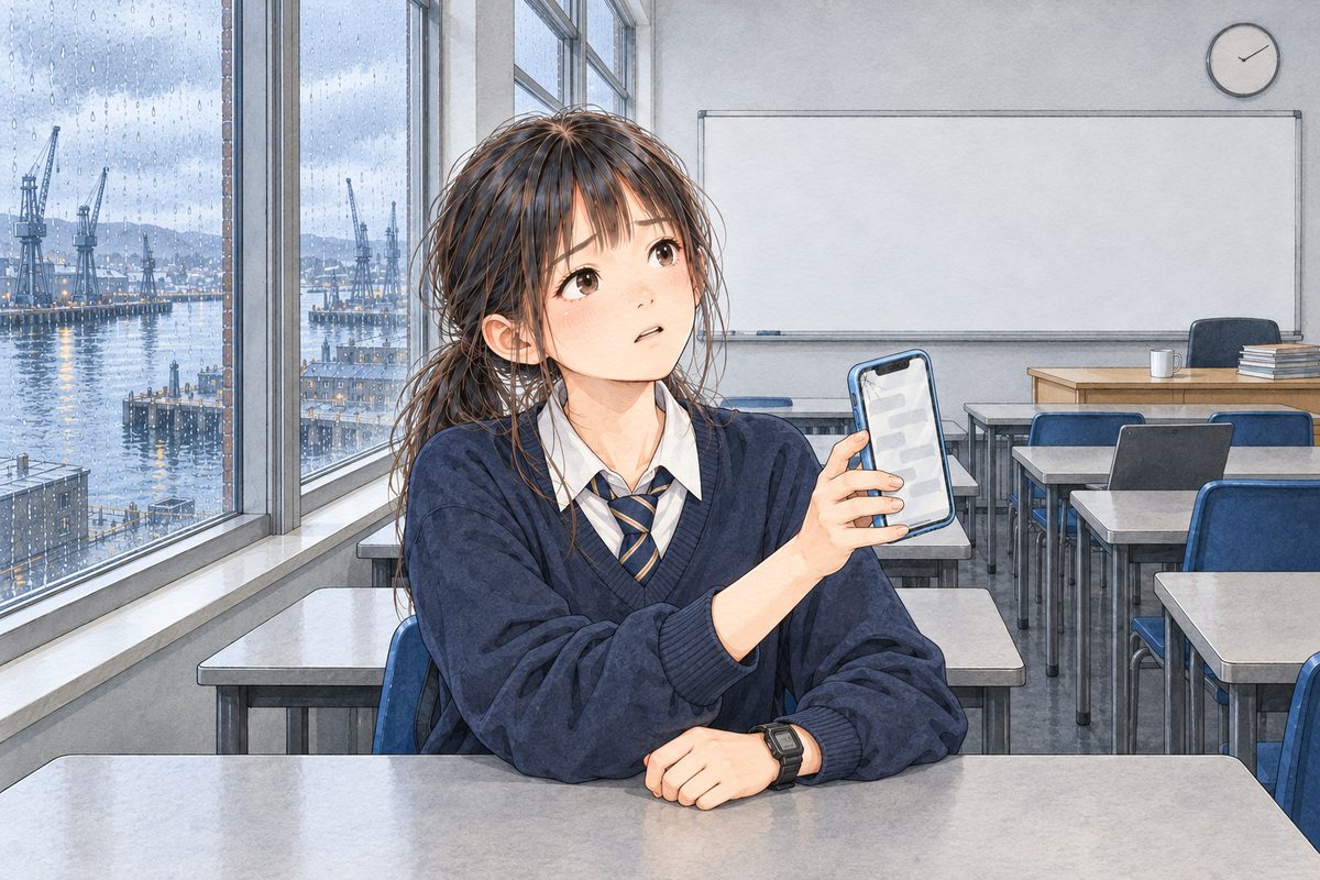 THIS PANEL IS IN EDINBURGH, SCOTLAND, NOT Bridge City: grey stone tenements and slate roofs by the grey North Sea, nothing Chinese outside the window. Thursday afternoon, silver light. Xiaoyu holds up her pale-blue phone in her RIGHT hand towards Ms Rennie off panel to the RIGHT, her black watch on her LEFT wrist on the desk. Her face in the middle of the panel. The desk below is the quiet area.
