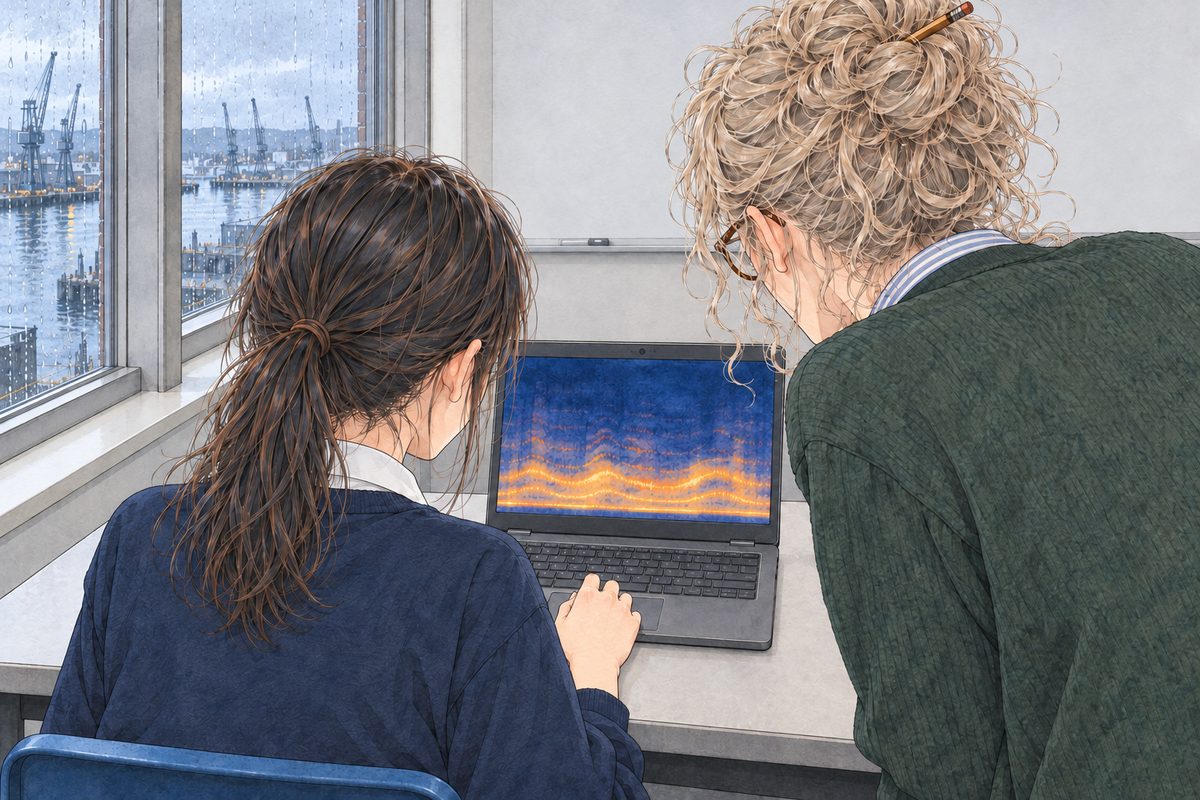 THIS PANEL IS IN EDINBURGH, SCOTLAND, NOT Bridge City: grey stone tenements and slate roofs by the grey North Sea, nothing Chinese outside the window. The next Thursday after school, silver-grey light. Over Xiaoyu's shoulder (left) and Ms Rennie's (right, bending), the laptop screen in the middle of the panel shows a picture of a sound: a dark blue field with soft bands of orange and yellow rising and falling like low hills from left to right, brighter low down, fainter higher up; NO letters, NO numbers, NO axes. Neither face seen, only the backs of their heads. The pale wall above the screen is the quiet area.