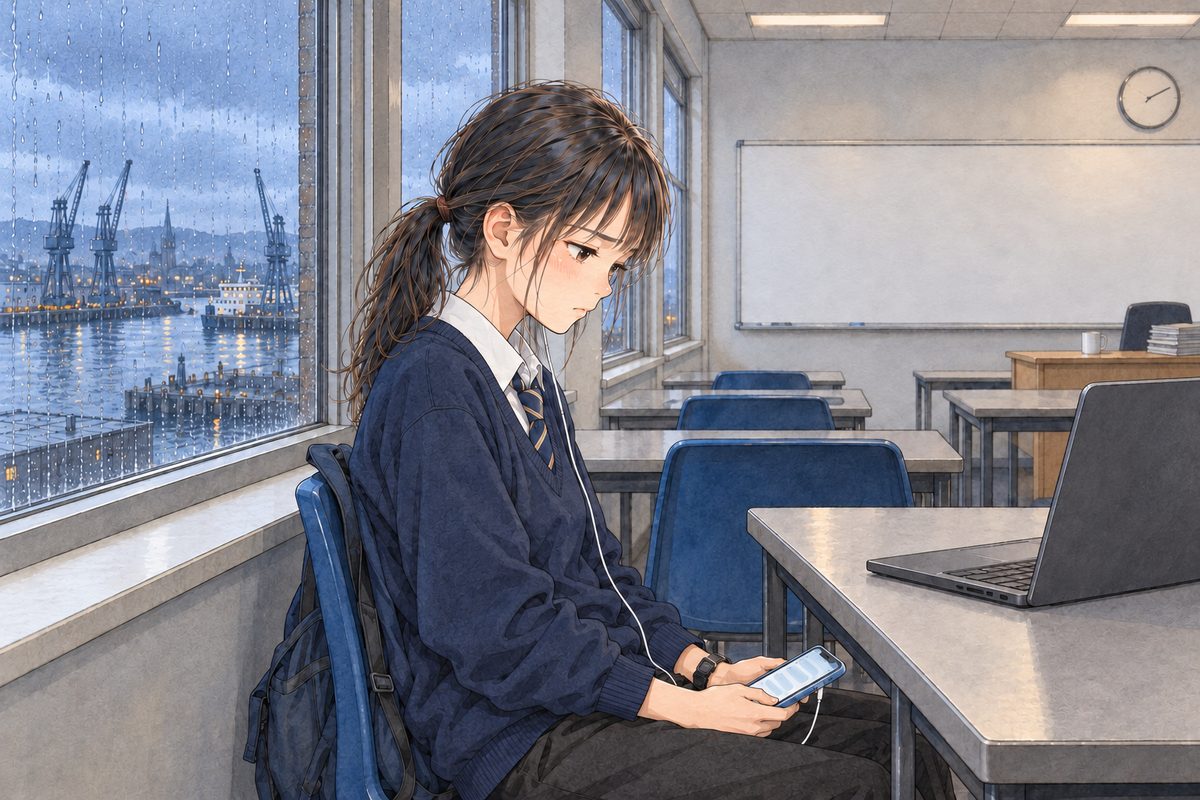 THIS PANEL IS IN EDINBURGH, SCOTLAND, NOT Bridge City: grey stone tenements and slate roofs by the grey North Sea, nothing Chinese outside the window. Thursday afternoon, the windows going dusky blue, the classroom lights on. Xiaoyu sits back from the laptop with one white wired earphone in her LEFT ear, her phone in her lap, eyes down, listening to the same eight seconds again, her face tired and sad. Her face in the middle of the panel. The dusky window above is the quiet area.