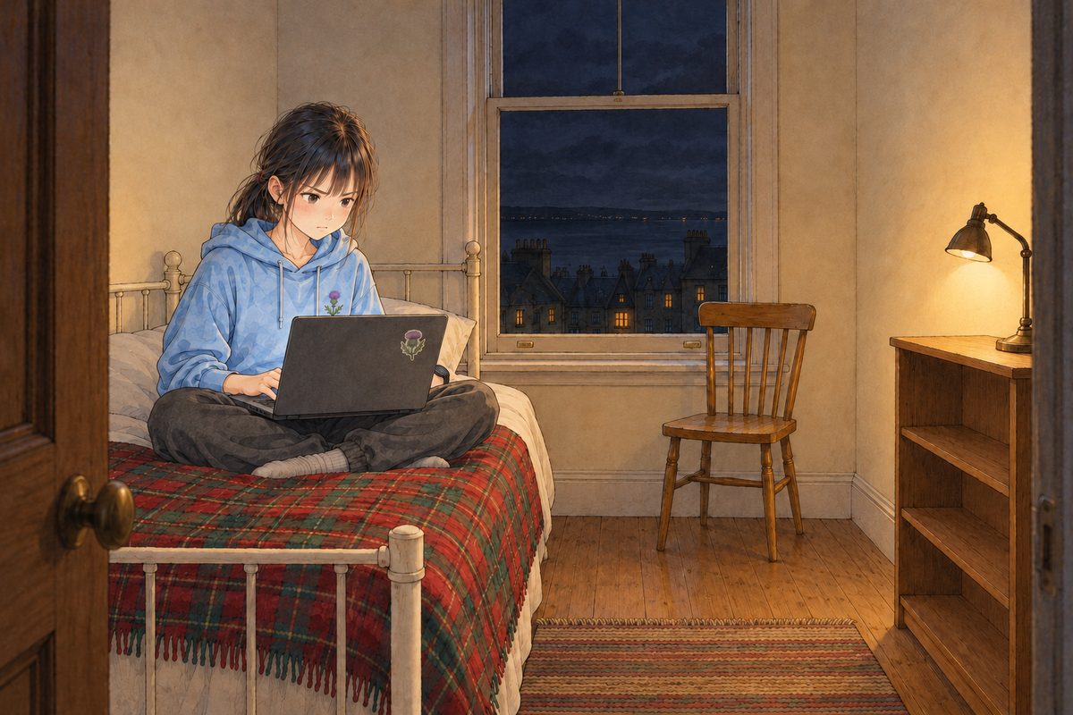 THIS PANEL IS IN EDINBURGH, SCOTLAND, NOT Bridge City: grey stone tenements and slate roofs by the grey North Sea, nothing Chinese outside the window. Friday night in Edinburgh, the window black, the reading lamp warm on the shelf. Xiaoyu sits cross-legged on the tartan blanket in her sky-blue hoodie with her dark grey school laptop on her knees, its screen facing her, its thistle sticker towards us, typing, determined. Her face in the middle of the panel, lit by the screen. The dark wall above is the quiet area.