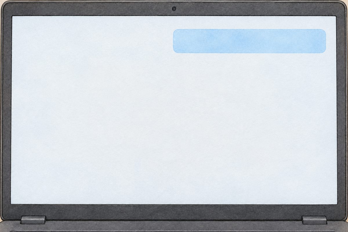 THIS PANEL IS IN EDINBURGH, SCOTLAND, NOT Bridge City: grey stone tenements and slate roofs by the grey North Sea, nothing Chinese outside the window. Friday night. The laptop screen fills the panel: a plain pale chat page with one long pale-blue box at the top right, NO letters painted.