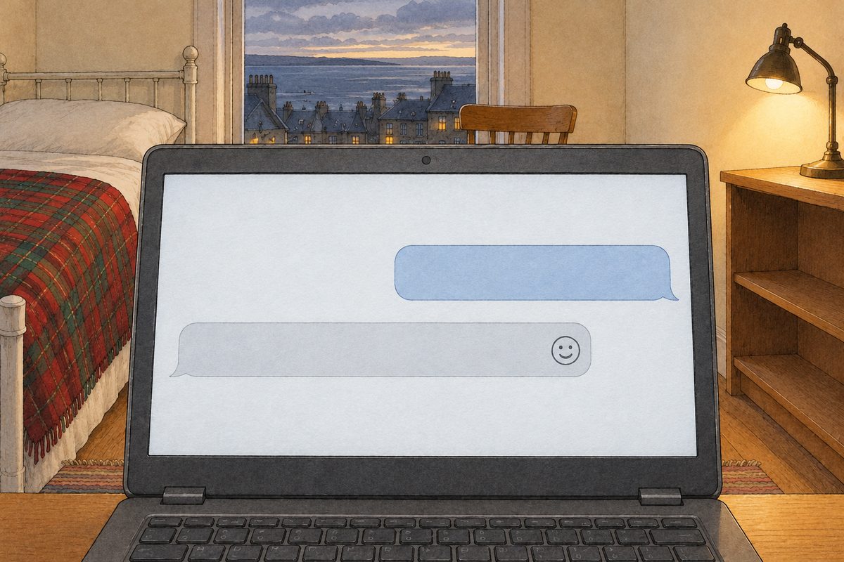 THIS PANEL IS IN EDINBURGH, SCOTLAND, NOT Bridge City: grey stone tenements and slate roofs by the grey North Sea, nothing Chinese outside the window. Friday night. The same screen, now with a long pale-grey box at the left under hers, NO letters painted, and one small round smiling-face symbol at its end.