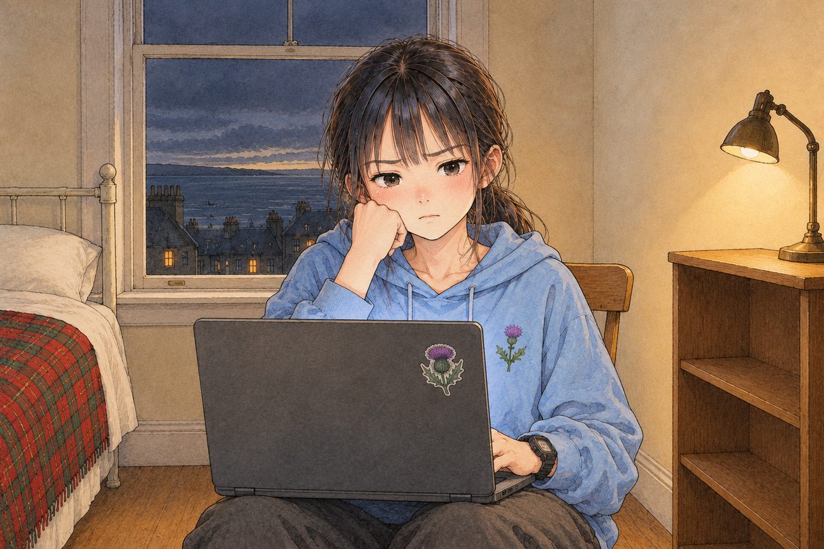 THIS PANEL IS IN EDINBURGH, SCOTLAND, NOT Bridge City: grey stone tenements and slate roofs by the grey North Sea, nothing Chinese outside the window. Friday night, lamp and screen light. Xiaoyu stares at the screen, flat and unimpressed, one eyebrow down, her chin on her RIGHT fist, her black watch on her LEFT wrist on the keyboard. Her face in the middle of the panel. The dark window above her is the quiet area.