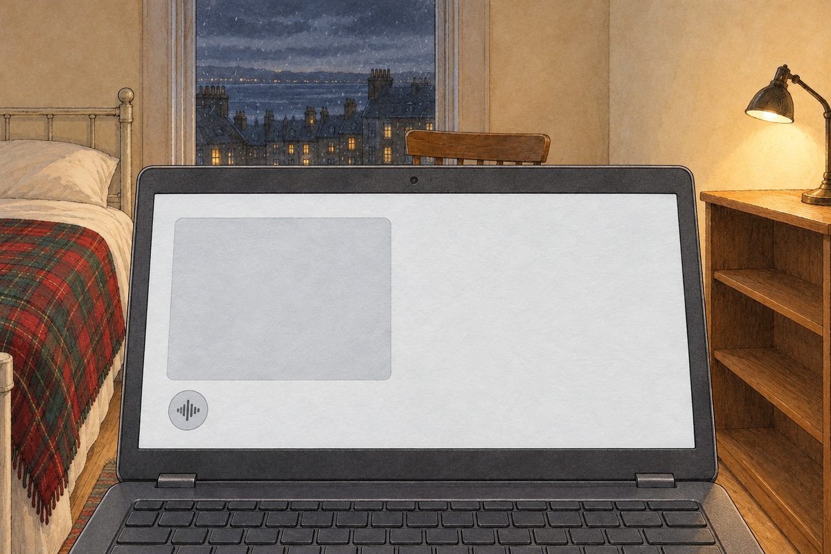 THIS PANEL IS IN EDINBURGH, SCOTLAND, NOT Bridge City: grey stone tenements and slate roofs by the grey North Sea, nothing Chinese outside the window. Friday night. The screen shows one more pale-grey box at the left, and under it one small round button with a little sound-wave symbol, NO letters painted.