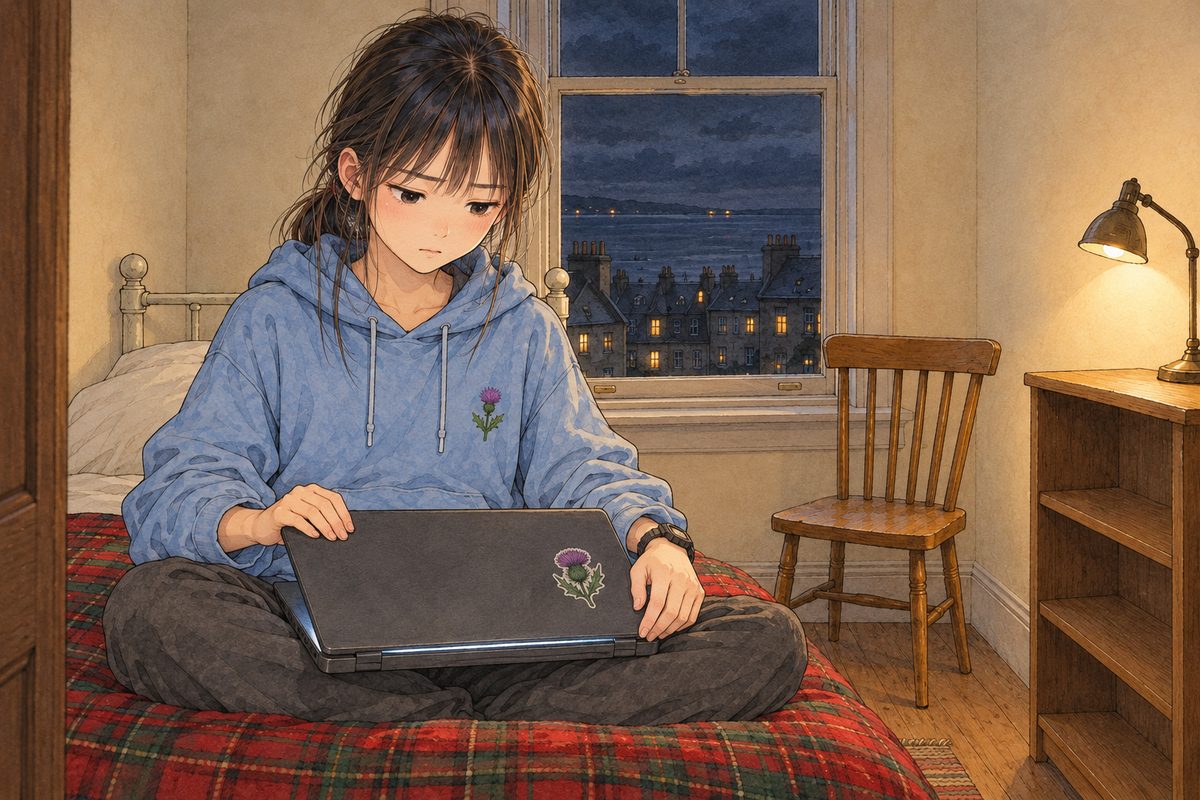 THIS PANEL IS IN EDINBURGH, SCOTLAND, NOT Bridge City: grey stone tenements and slate roofs by the grey North Sea, nothing Chinese outside the window. Friday night, the screen light narrowing to a line as Xiaoyu shuts the laptop lid with both hands, the thistle sticker towards us, her face going dark, lit now only by the lamp. Her face in the middle of the panel. The laptop and her hands below are the quiet area.