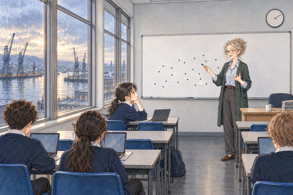 THIS PANEL IS IN EDINBURGH, SCOTLAND, NOT Bridge City: grey stone tenements and slate roofs by the grey North Sea, nothing Chinese outside the window. The next Thursday after school in Edinburgh, a low grey-gold light from the windows on the left. On the whiteboard Ms Rennie has drawn small round dots in a few loose clusters, with faint lines between near ones, and a blank space beside every dot, NO words. She stands by it, marker in hand, turned to the few pupils. Xiaoyu sits at the front desk now, leaning forward. Two faces small, in three-quarter, in the middle band. The top of the board and the wall above are the quiet area.