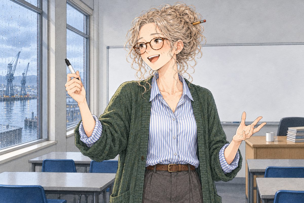 THIS PANEL IS IN EDINBURGH, SCOTLAND, NOT Bridge City: grey stone tenements and slate roofs by the grey North Sea, nothing Chinese outside the window. Thursday afternoon, grey-gold light on one side of her face. Ms Rennie raises her marker like a conductor, quoting with relish, looking LEFT at the class. Her face in the middle of the panel. Her cardigan below is the quiet area.