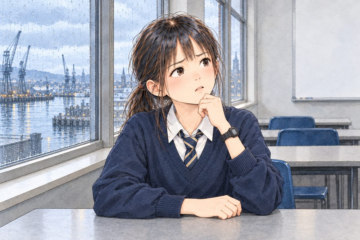THIS PANEL IS IN EDINBURGH, SCOTLAND, NOT Bridge City: grey stone tenements and slate roofs by the grey North Sea, nothing Chinese outside the window. Thursday afternoon, grey-gold light. Xiaoyu, at the front desk, frowns up and to the RIGHT at Ms Rennie, working it out. Her face in the middle of the panel. Her desk below is the quiet area.