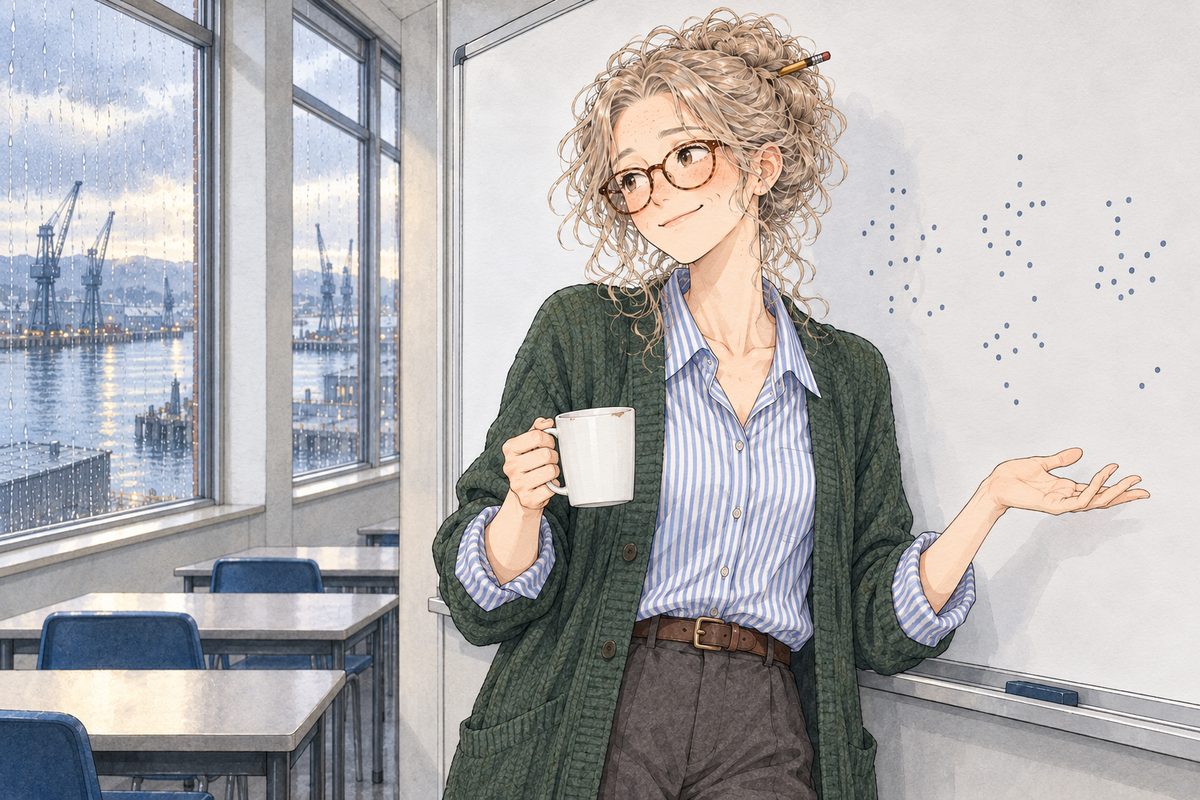 THIS PANEL IS IN EDINBURGH, SCOTLAND, NOT Bridge City: grey stone tenements and slate roofs by the grey North Sea, nothing Chinese outside the window. Thursday afternoon, grey-gold light. Ms Rennie leans against the whiteboard beside her clusters of dots, mug in hand, shrugging with a wry, honest smile, looking LEFT at Xiaoyu off panel. Her face in the middle of the panel. The board behind her is plain; her cardigan and mug below are where the words sit.
