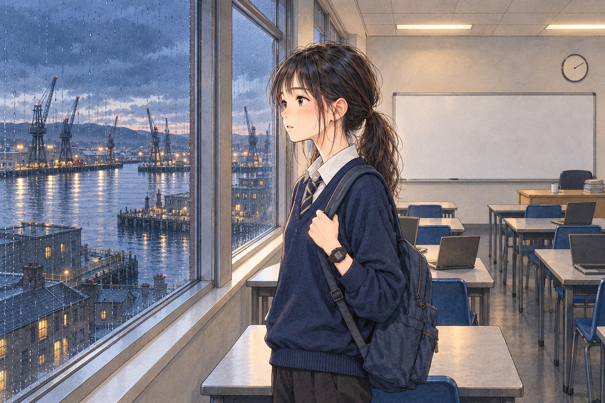 THIS PANEL IS IN EDINBURGH, SCOTLAND, NOT Bridge City: grey stone tenements and slate roofs by the grey North Sea, nothing Chinese outside the window. Thursday, dusk coming early, the harbour lights coming on beyond the window, the room lights on behind her. Xiaoyu stands at the window with her backpack on one shoulder, looking LEFT out at the cranes, her face in profile, quiet, an idea arriving. Her face in the middle of the panel. The darkening sky above is the quiet area.