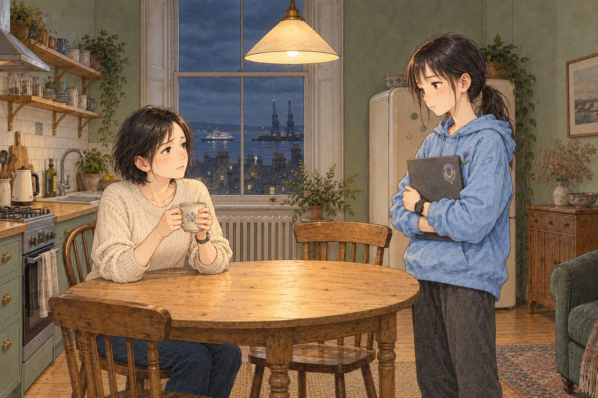 THIS PANEL IS IN EDINBURGH, SCOTLAND, NOT Bridge City: grey stone tenements and slate roofs by the grey North Sea, nothing Chinese outside the window. Friday evening in Edinburgh, the window dark, the lamp low and warm over the round table. Mama sits with a mug of tea in both hands, wary; Xiaoyu, in her sky-blue hoodie, stands across the table hugging her closed laptop to her chest. Two faces in the middle band. The dark window and ceiling above are the quiet area.