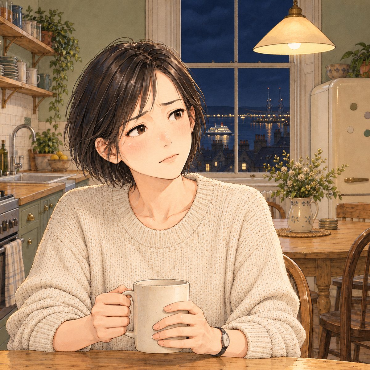 THIS PANEL IS IN EDINBURGH, SCOTLAND, NOT Bridge City: grey stone tenements and slate roofs by the grey North Sea, nothing Chinese outside the window. Friday evening, warm lamplight. Mama looks up and to the RIGHT at Xiaoyu off panel, over her mug, not convinced. Her face in the middle of the panel. Her mug and hands below are the quiet area.