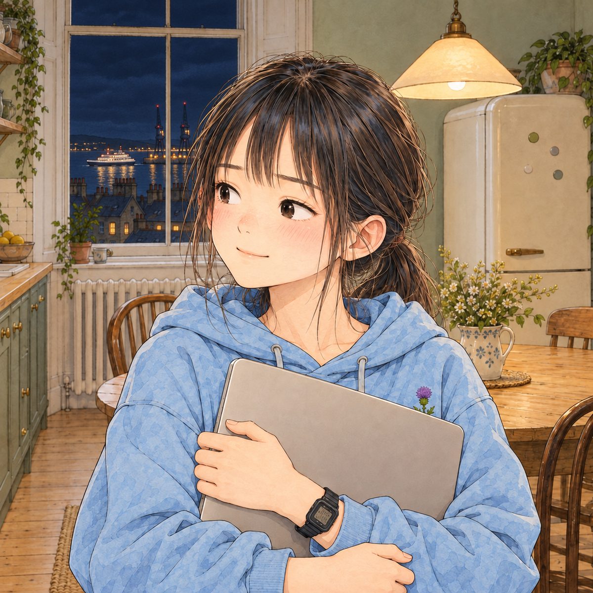 THIS PANEL IS IN EDINBURGH, SCOTLAND, NOT Bridge City: grey stone tenements and slate roofs by the grey North Sea, nothing Chinese outside the window. Friday evening, warm lamplight. Xiaoyu looks LEFT and down at Mama, steady, a small hopeful smile. Her face in the middle of the panel. The laptop held to her chest below is the quiet area.