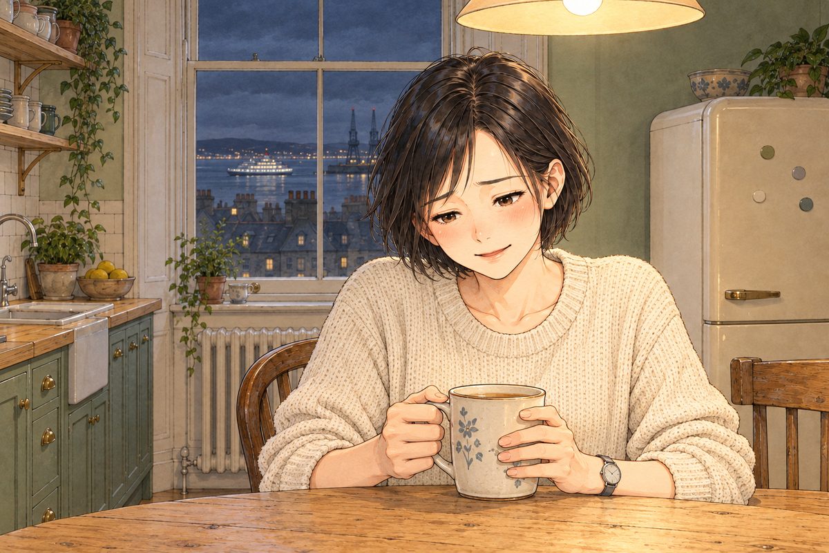 THIS PANEL IS IN EDINBURGH, SCOTLAND, NOT Bridge City: grey stone tenements and slate roofs by the grey North Sea, nothing Chinese outside the window. Friday evening, warm lamplight on the table. Mama looks down into her mug, and the corner of her mouth lifts, a small surprised smile, her eyes shining. Her face in the middle of the panel. The dark window above her is the quiet area.