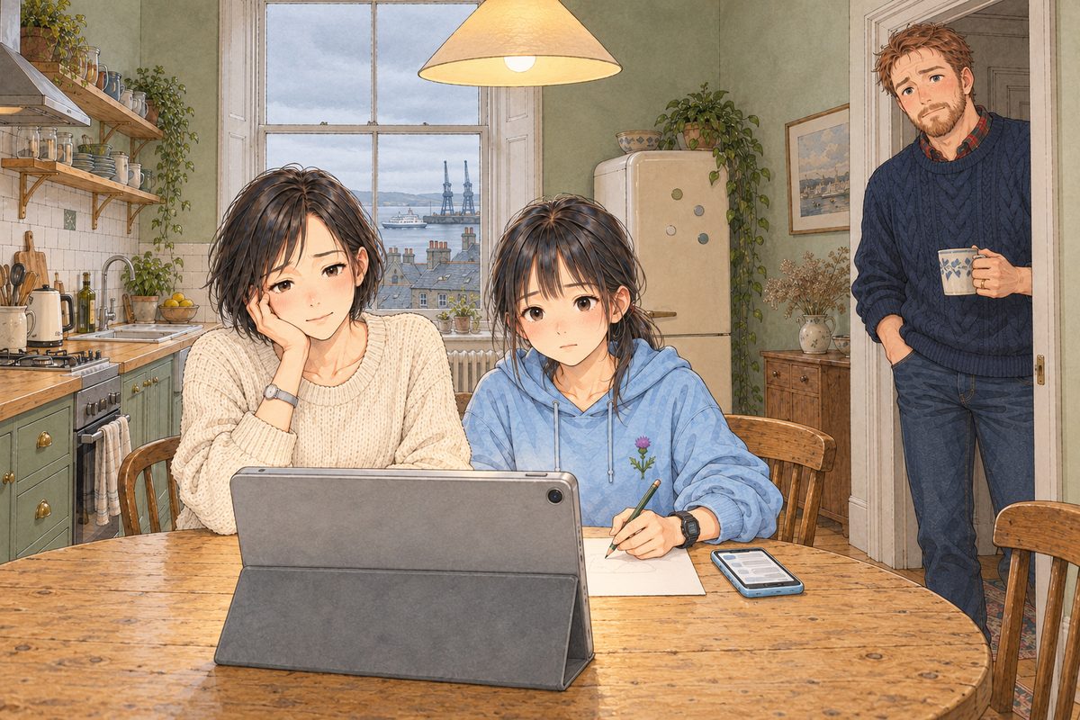 THIS PANEL IS IN EDINBURGH, SCOTLAND, NOT Bridge City: grey stone tenements and slate roofs by the grey North Sea, nothing Chinese outside the window. Sunday morning in Edinburgh, nine o'clock, flat grey light from the window behind them over the sea, the lamp on. Mama and Xiaoyu sit side by side at the round table facing the tablet (its grey back to us at the bottom edge); Xiaoyu has a pencil and a sheet of plain paper in front of her and her pale-blue phone face up on the table. Papa leans in the hall doorway on the right with a mug, listening. Three faces in the middle band. The grey window and ceiling above are the quiet area.