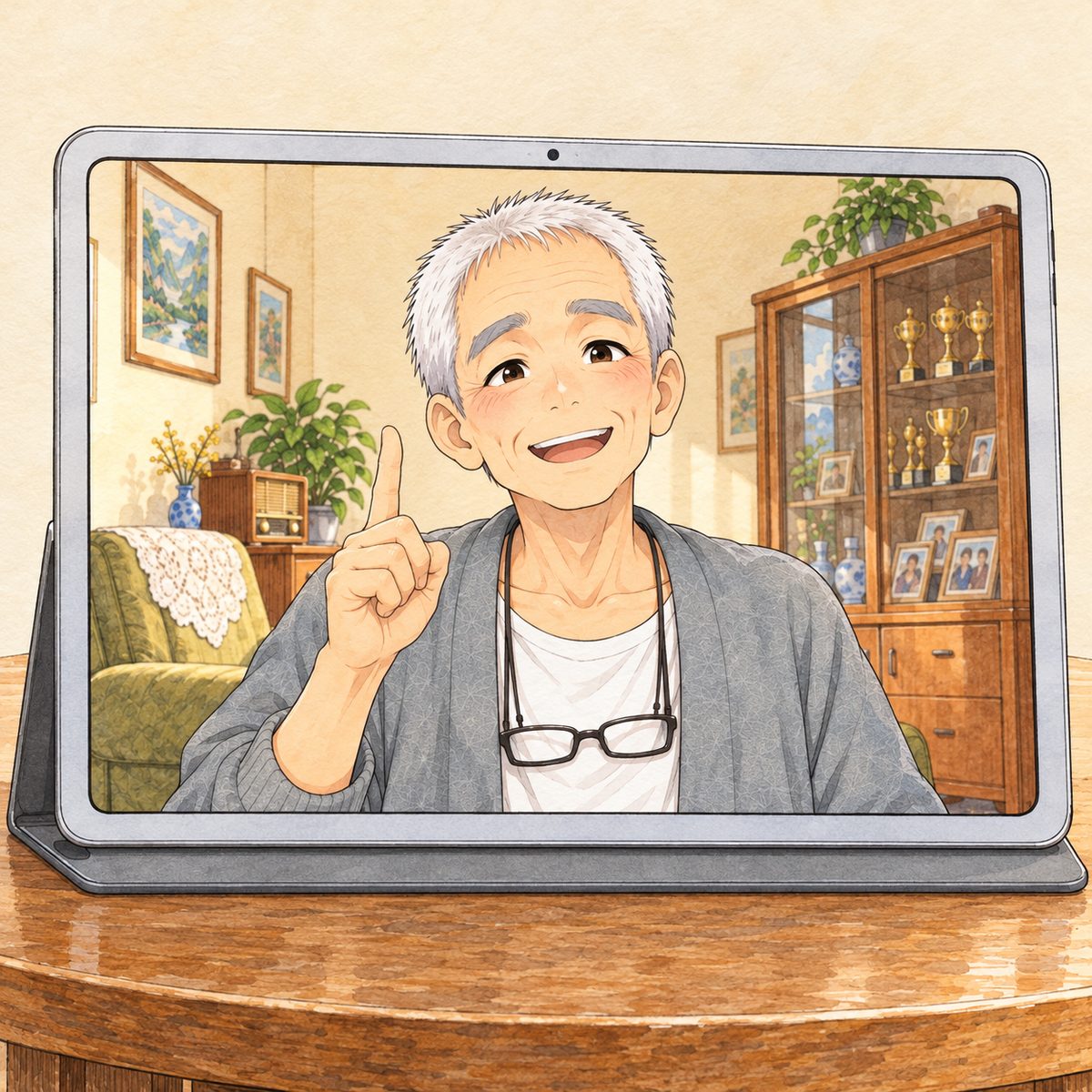 On the tablet screen, Bridge City at four in the afternoon, warm gold light. Grandpa sits up straight in his armchair, and his whole face changes into the old chess teacher's, eyebrows up, pleased and important, one finger raised. His face in the middle of the screen. His cardigan below is the quiet area.