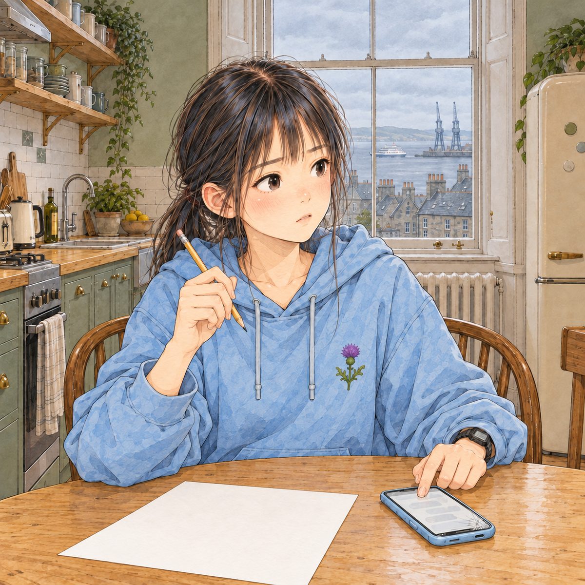 THIS PANEL IS IN EDINBURGH, SCOTLAND, NOT Bridge City: grey stone tenements and slate roofs by the grey North Sea, nothing Chinese outside the window. Edinburgh, Sunday morning grey light. Xiaoyu holds her pencil up like a pupil, looking RIGHT at the tablet off panel, and with her other hand taps her phone on the table to start recording; her black watch on her LEFT wrist. Her face in the middle of the panel. The paper and phone below are the quiet area.