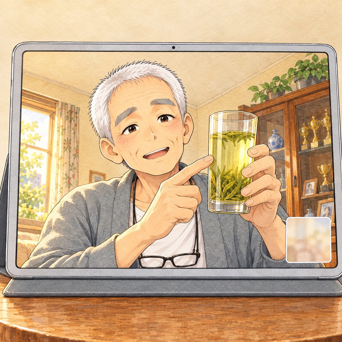 On the tablet screen, Bridge City, warm gold four o'clock light. Grandpa holds up his tall glass of green tea to the camera, the light coming through it and the tea leaves standing in it, and taps the glass with one finger, teaching. His face in the middle of the screen beside the glass. His cardigan below is the quiet area.