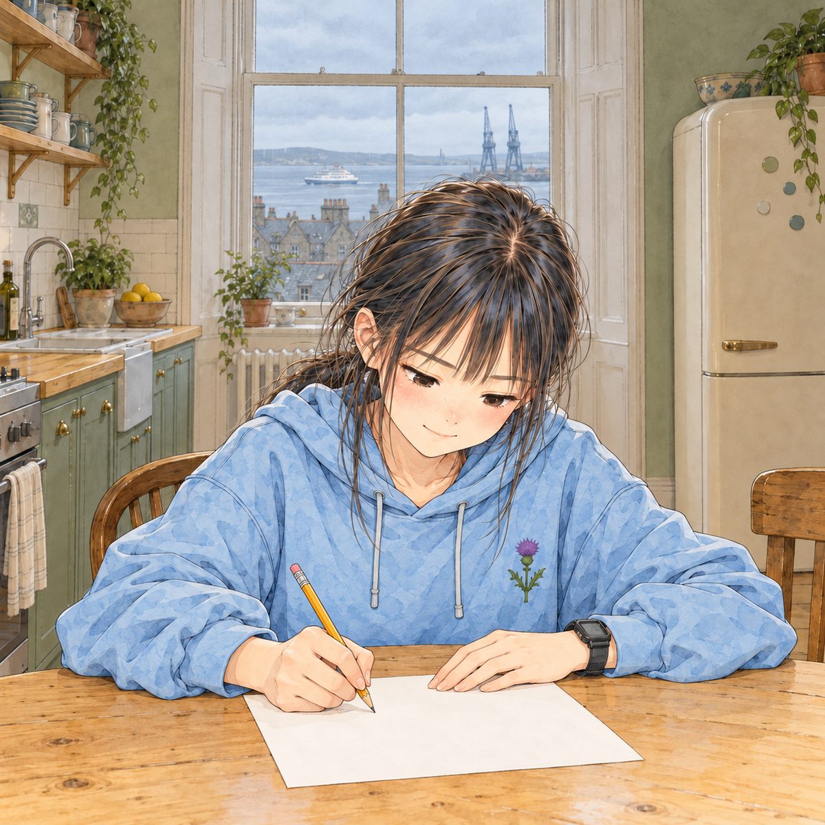 THIS PANEL IS IN EDINBURGH, SCOTLAND, NOT Bridge City: grey stone tenements and slate roofs by the grey North Sea, nothing Chinese outside the window. Edinburgh, Sunday morning grey light. Xiaoyu bends over her sheet of paper, writing carefully, smiling to herself, her ponytail falling forward; the paper is blank in the picture. Her face in the middle of the panel, tilted down. Her hand and the table below are the quiet area.