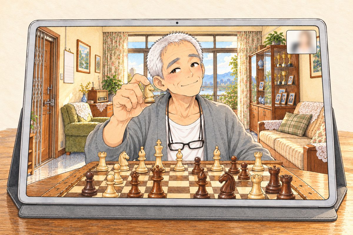 On the tablet screen, Bridge City, warm gold four o'clock light. Auntie Zhang's phone has followed Grandpa to the round folding table, where his Western chess set stands; Grandpa lifts one honey-wood knight between his finger and thumb and holds it up to the camera, mock-serious. His face in the middle of the screen, the chessboard below. The cream wall above is the quiet area.