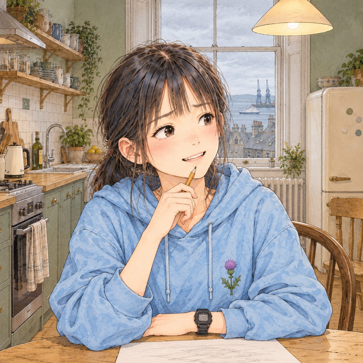 THIS PANEL IS IN EDINBURGH, SCOTLAND, NOT Bridge City: grey stone tenements and slate roofs by the grey North Sea, nothing Chinese outside the window. Edinburgh, Sunday morning grey light. Xiaoyu grins at the tablet off panel to the RIGHT, teasing, her pencil at her chin. Her face in the middle of the panel. Her paper below is the quiet area.