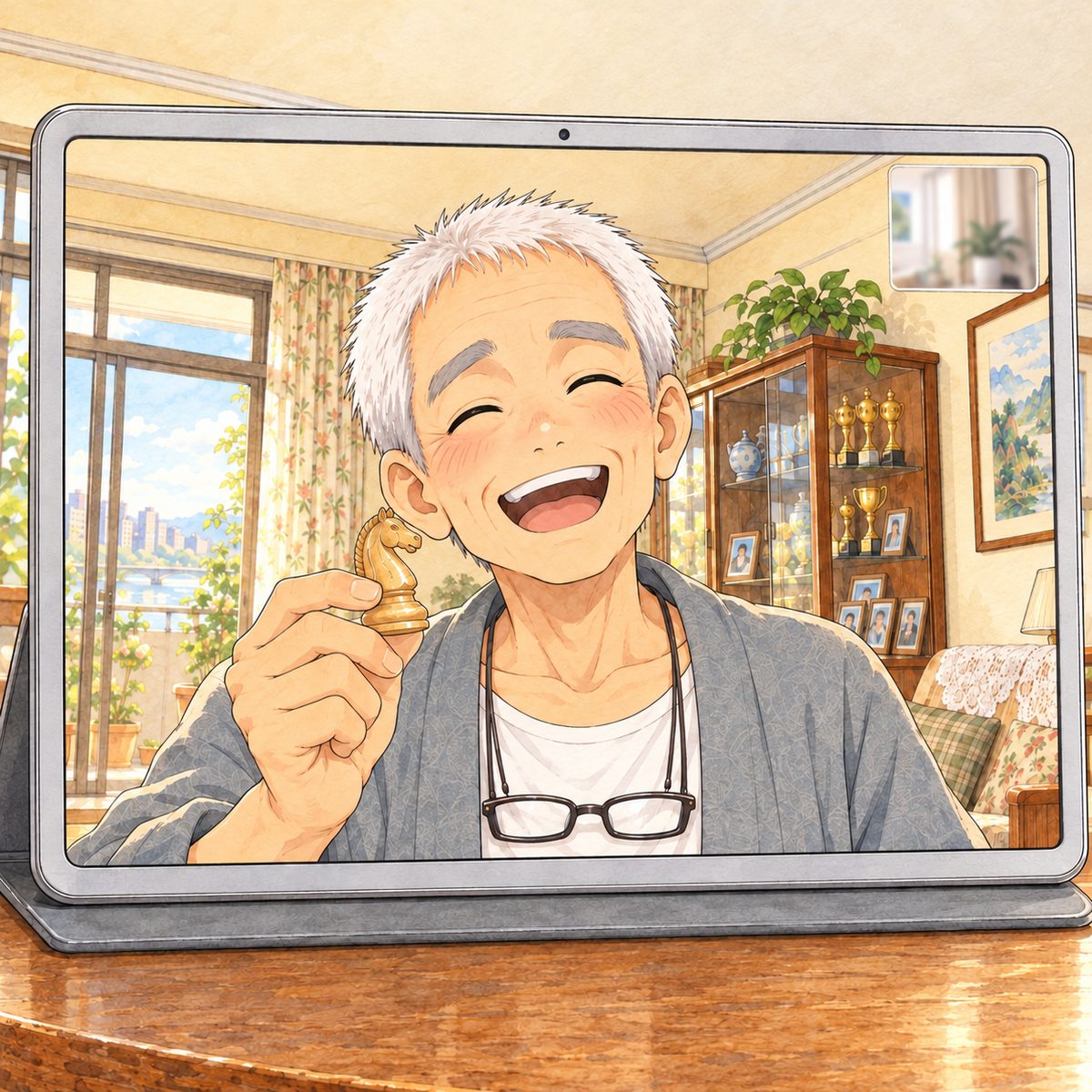 On the tablet screen, Bridge City, warm gold light. Grandpa pretends to be shocked, eyebrows high, the knight still in his hand, then breaks into a wheezing laugh. His face in the middle of the screen. His cardigan below is the quiet area.