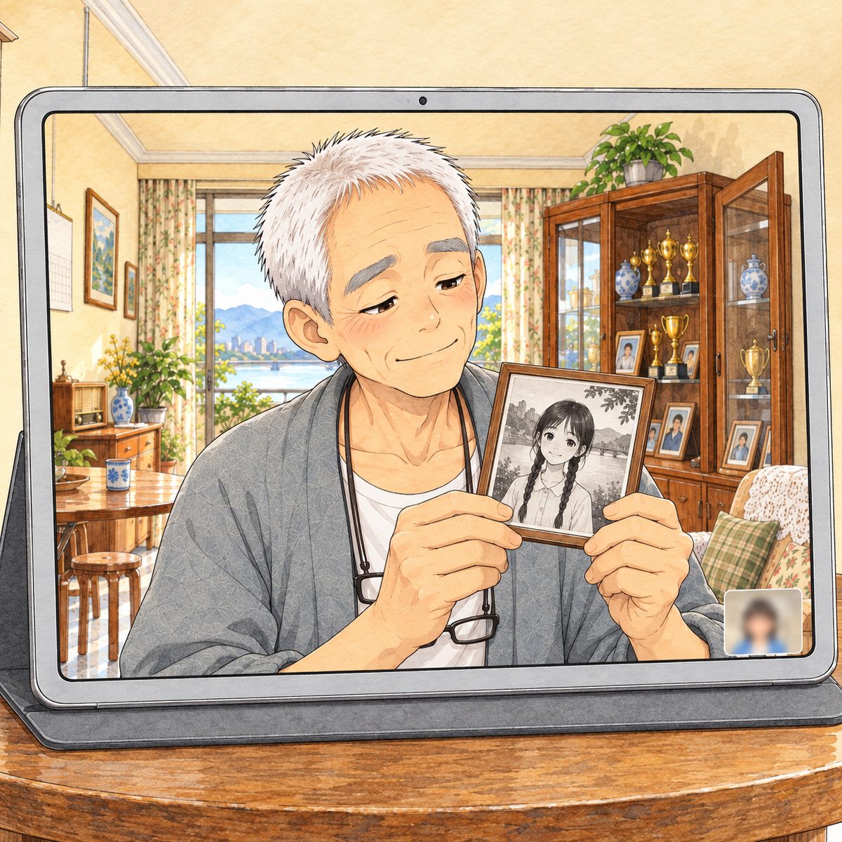 On the tablet screen, Bridge City, warm gold light, the glass cabinet open beside him. Grandpa holds up a small framed black-and-white photo in both hands, facing the camera: young Meilan with her two long braids and white blouse, standing by the lake. Grandpa looks at the photo, not at us, his face gone very soft. His face in the middle of the screen beside the photo. His hands below are the quiet area.