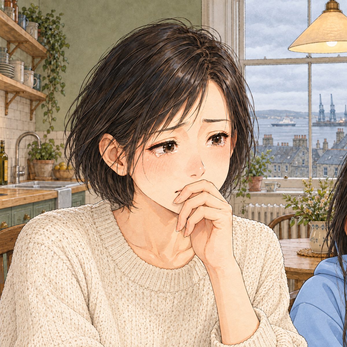 THIS PANEL IS IN EDINBURGH, SCOTLAND, NOT Bridge City: grey stone tenements and slate roofs by the grey North Sea, nothing Chinese outside the window. Edinburgh, Sunday morning grey light. Mama, sitting beside Xiaoyu, looks RIGHT at the tablet off panel with her fingers pressed to her lips, her eyes suddenly wet. Her face in the middle of the panel. Her jumper below is the quiet area.
