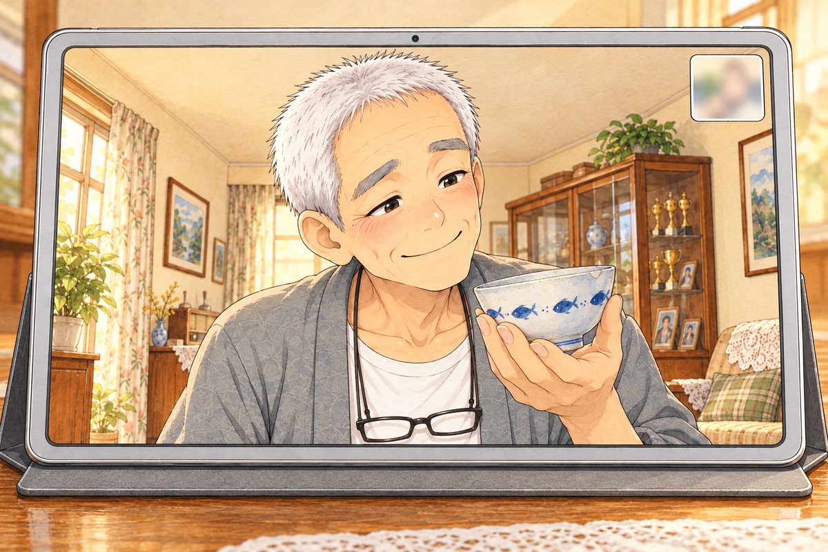 On the tablet screen, Bridge City, warm gold light lower now. Grandpa holds a small old white rice bowl with a ring of little cobalt-blue fish round it and a chip on its rim in the palm of one hand, close to the camera, and smiles at it as if it were a person. His face in the middle of the screen beside the bowl. The cream wall above is the quiet area.