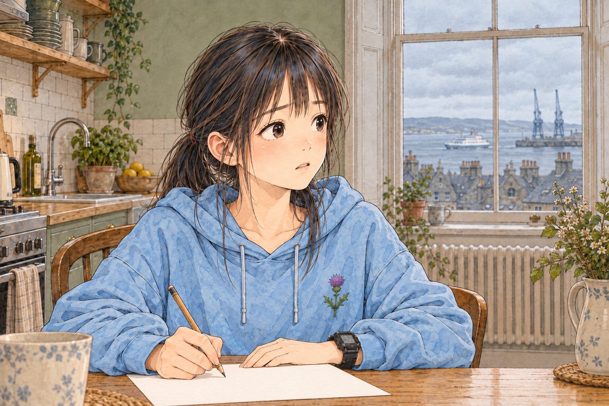 THIS PANEL IS IN EDINBURGH, SCOTLAND, NOT Bridge City: grey stone tenements and slate roofs by the grey North Sea, nothing Chinese outside the window. Edinburgh, Sunday morning grey light. Xiaoyu holds still with her pencil stopped on the paper, looking RIGHT at the tablet off panel, her eyes wide and bright. Her face in the middle of the panel. Her paper below is the quiet area.