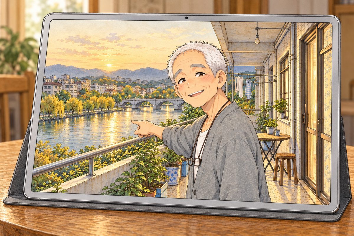 On the tablet screen, Bridge City in the late afternoon, low gold sun. Auntie Zhang's phone has followed Grandpa out onto the long shared balcony; he stands at the rail in his grey cardigan, half turned back to the camera, pointing out and down at the lake below, where the willows along the shore are turning yellow and the old stone bridge lies on the still water. His face in three-quarter in the middle of the screen. The pale gold sky above is the quiet area.