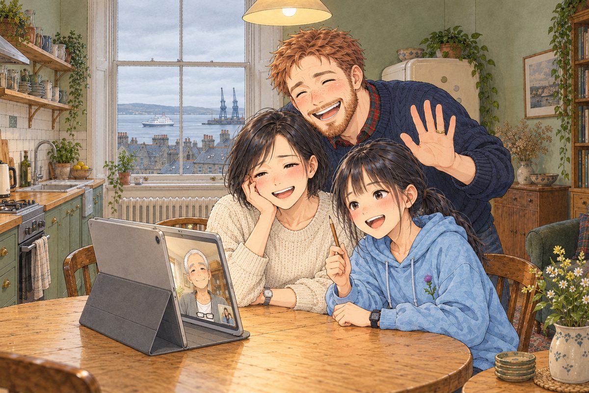 THIS PANEL IS IN EDINBURGH, SCOTLAND, NOT Bridge City: grey stone tenements and slate roofs by the grey North Sea, nothing Chinese outside the window. Edinburgh, Sunday morning, the grey brightening in the window behind them. Papa has come over from the doorway and leans in over Mama's and Xiaoyu's heads with a huge grin, waving one big hand at the tablet, whose screen faces the three of them, so we see only the grey back of its cover; Mama laughs with wet eyes; Xiaoyu beams, her pencil held up. Three faces in the middle band, Papa's highest. The grey window above them is the quiet area.