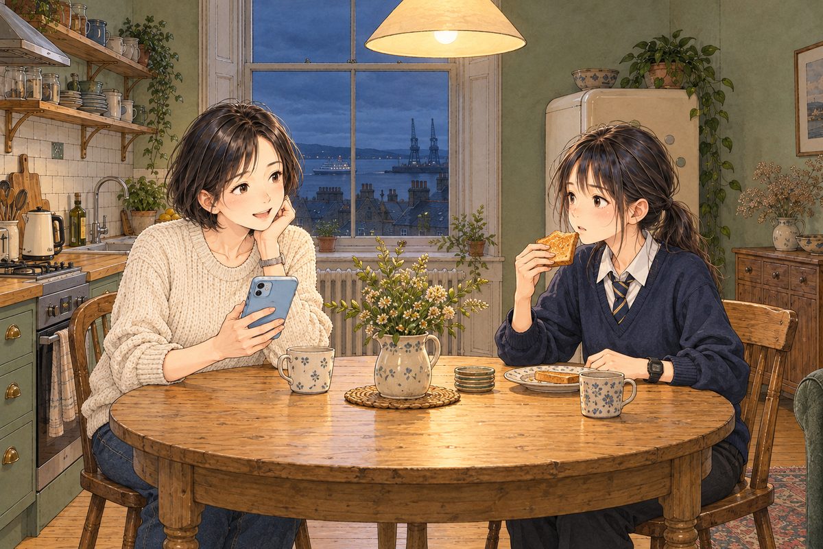 THIS PANEL IS IN EDINBURGH, SCOTLAND, NOT Bridge City: grey stone tenements and slate roofs by the grey North Sea, nothing Chinese outside the window. Monday morning in Edinburgh, still dark blue in the window, the lamp on over the round table. Mama, in her oatmeal jumper, holds her phone and looks up from a message at Xiaoyu, surprised and smiling; Xiaoyu, in her school uniform, stops with a piece of toast halfway to her mouth. Two faces in the middle band. The dark window above them is the quiet area.