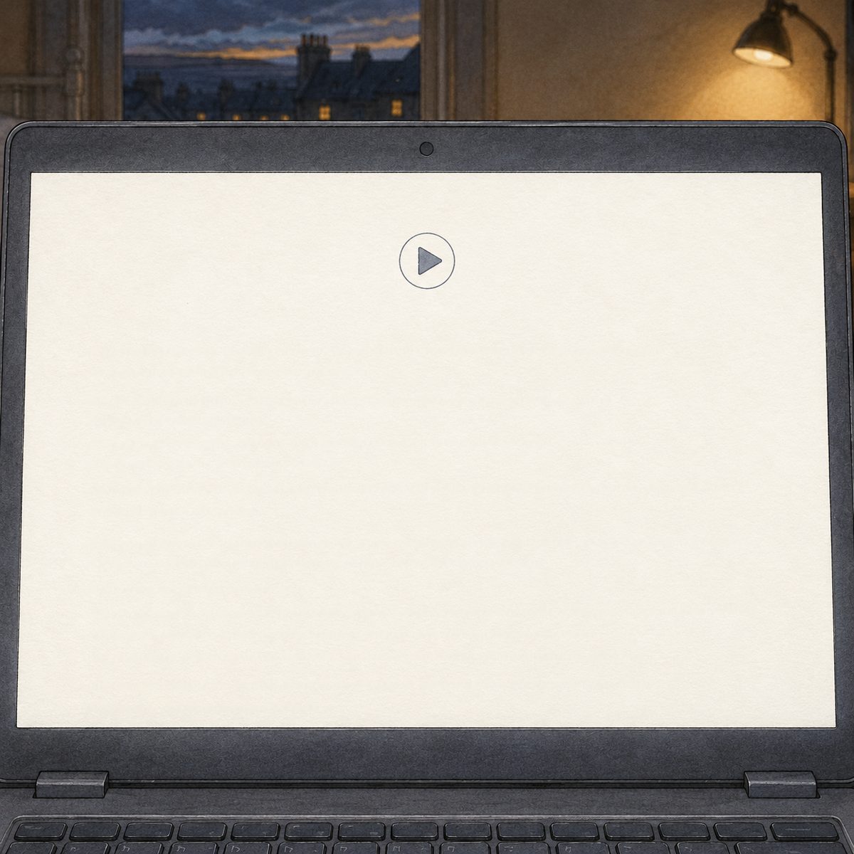 THIS PANEL IS IN EDINBURGH, SCOTLAND, NOT Bridge City: grey stone tenements and slate roofs by the grey North Sea, nothing Chinese outside the window. Monday night in Edinburgh, the screen bright in the dark. The laptop screen fills the panel: a plain pale page of short lines of text written by a voice app, with a small round play button at the top, NO letters painted.