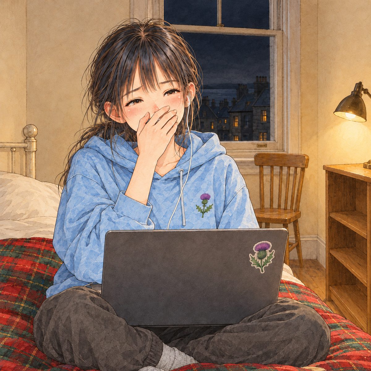 THIS PANEL IS IN EDINBURGH, SCOTLAND, NOT Bridge City: grey stone tenements and slate roofs by the grey North Sea, nothing Chinese outside the window. Monday night in Edinburgh, the reading lamp warm, the window black. Xiaoyu sits on the bed with the laptop on her knees, one white wired earphone in her LEFT ear, laughing out loud with her hand over her mouth. Her face in the middle of the panel. The laptop below is the quiet area.